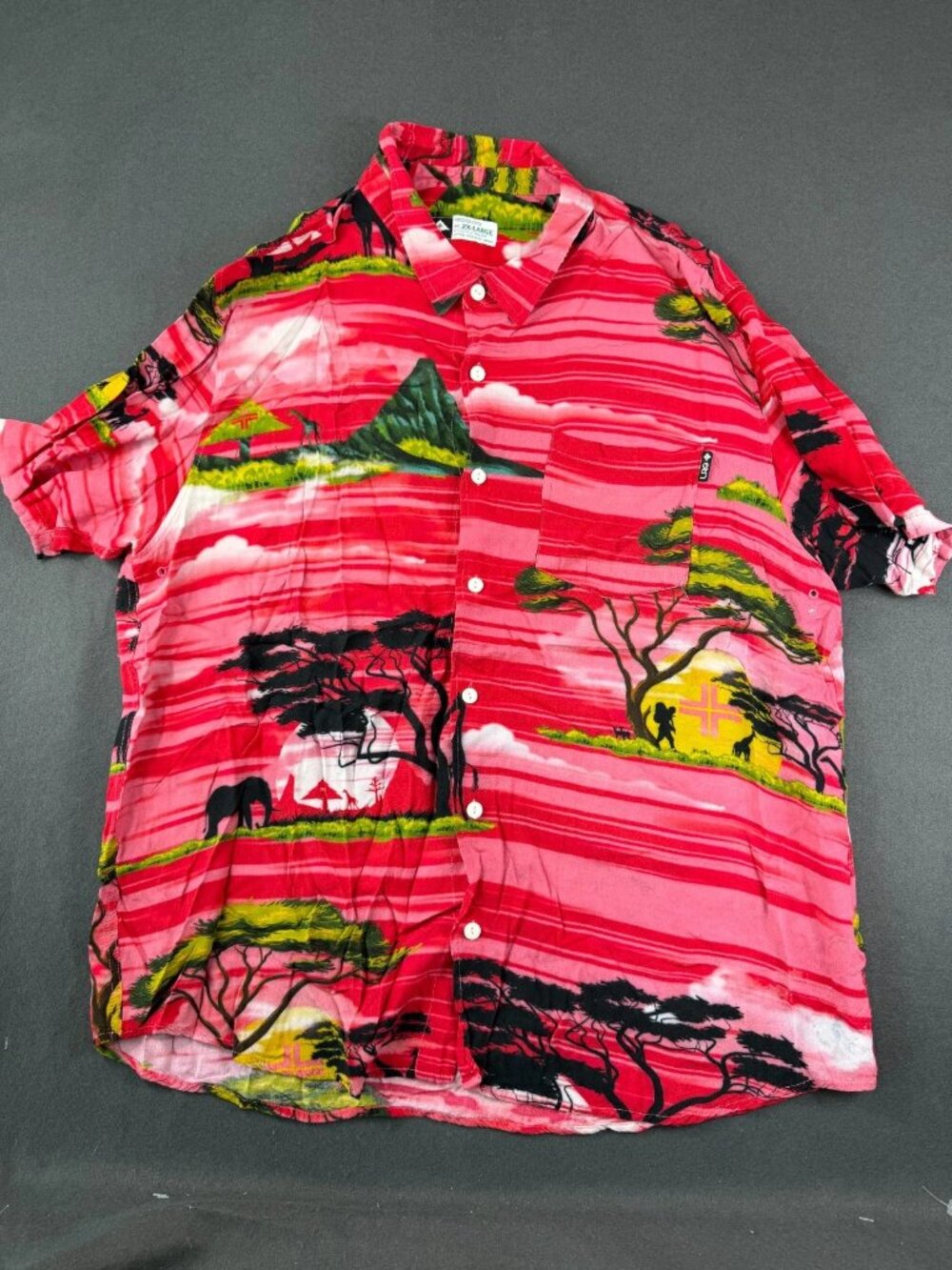 LRG Lifted Research Group Mens Pink Button Up Shirt Savanna Landscape Print 2XL